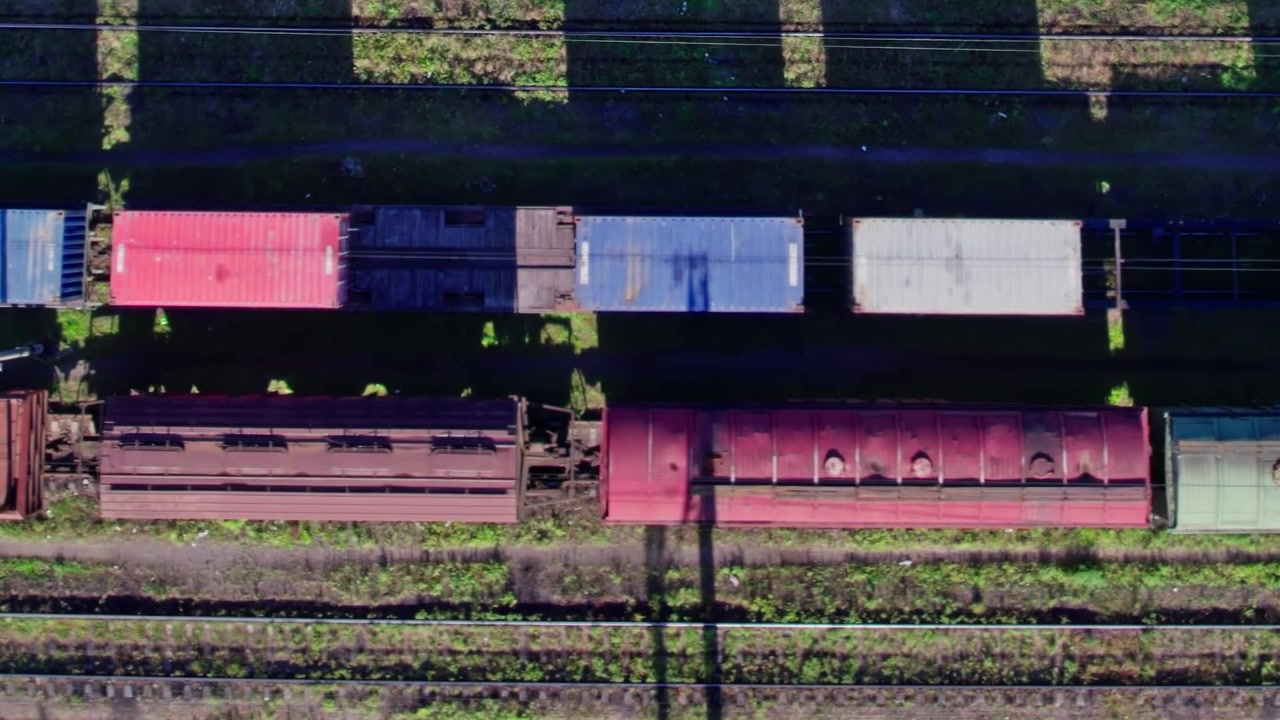 Treni e container merci visti dall'alto durante il giorno.