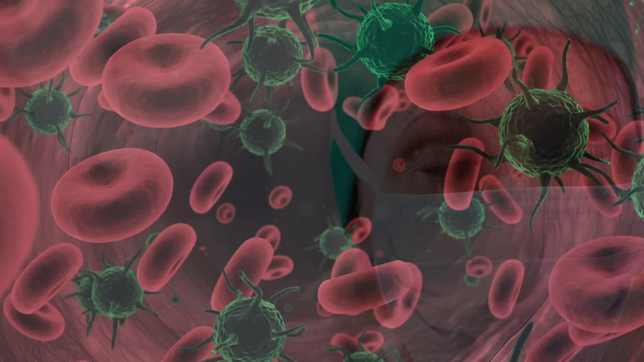 animación de las células de covid-19 flotando sobre el cirujano en la máscara facial