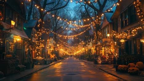festive street decorated with christmas lights at night
