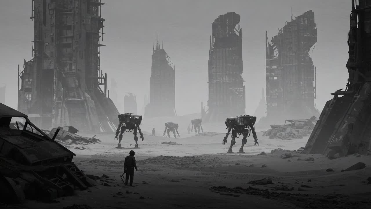 A desolate futuristic landscape showcases a solitary figure amidst towering ruins and robotic sentinels, emphasizing the stark contrast between humanity and technology in a post-apocalyptic setting