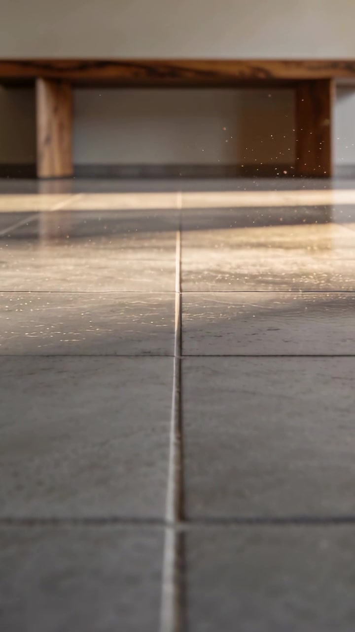 Video verticale: Fascio di luce solare che si forma, mostrando la polvere che si muove lungo la fuga delle piastrelle in una stanza vicino a una panca.