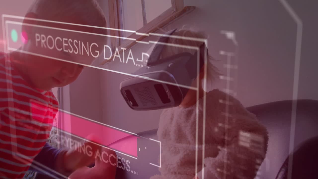 animación del procesamiento de datos en la pantalla sobre un niño jugando con auriculares vr