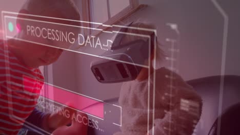 Animación-Del-Procesamiento-De-Datos-En-Pantalla-Sobre-Un-Niño-Jugando-Con-Auriculares-Vr