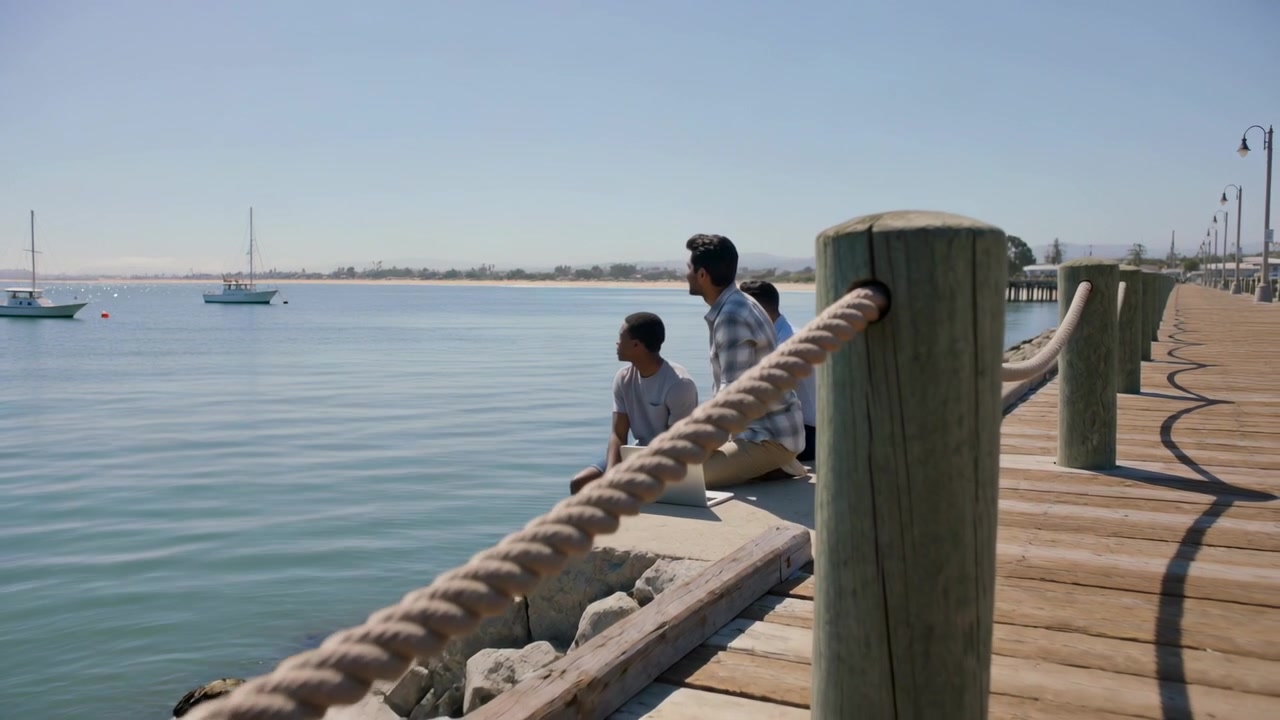 Pointing man in checked shirt leaning on pier, gesturing at sailboats, friends watching with laptop