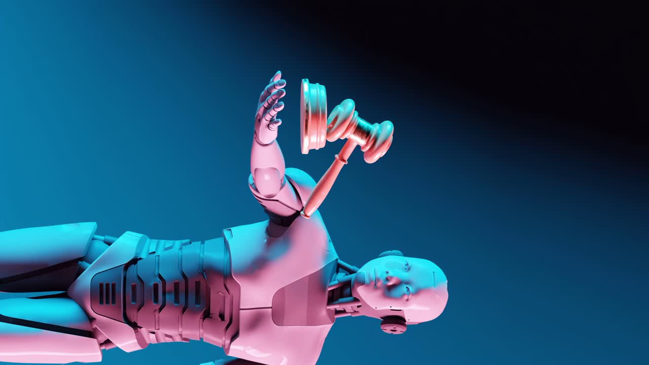 vertical of humanoid cyber robot holding a judge justice hammer, artificial intelligence in court debate