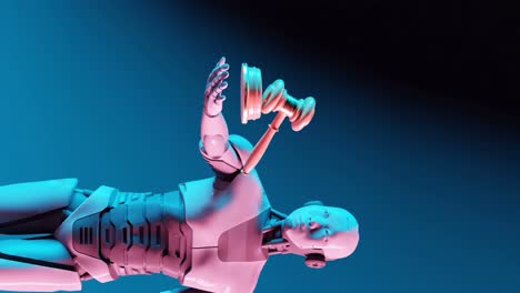 de un robot cibernético humanoide vertical sosteniendo un martillo de justicia de un juez, inteligencia artificial en un debate judicial