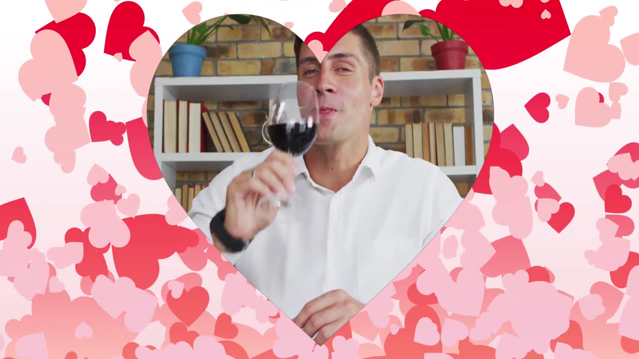비디오 데이트에서 레드 와인을 마시는 백인 남성 위에 심장 모양의 프레임의 애니메이션