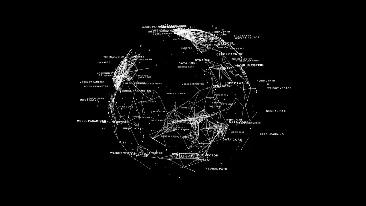 A global web constellation mapping neural pathways, tokens, data nodes, and language clusters. Excellent for artificial intelligence computing presentations.