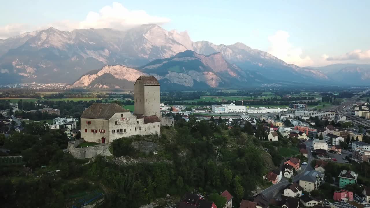 Aerial View of a Castle in the Swiss Alps