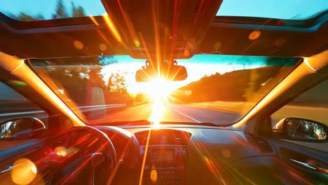 a view from inside a car driving on a highway at sunset