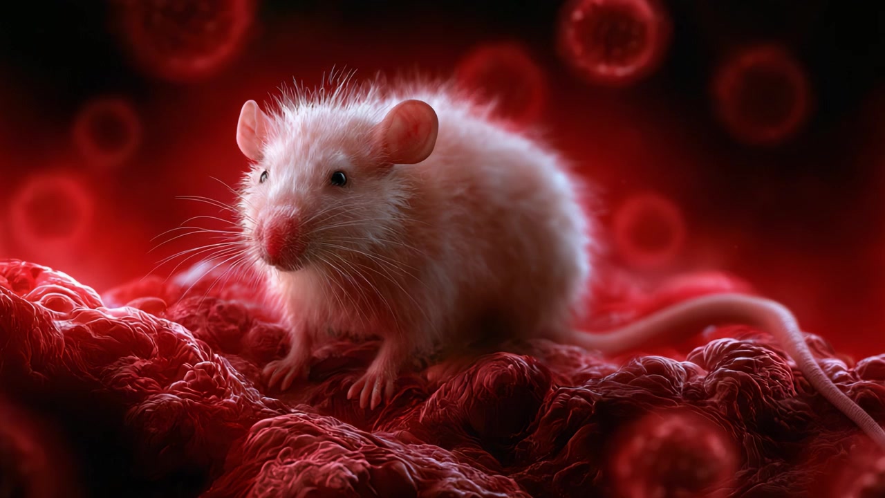 Un primo piano di un topo bianco su uno sfondo rosso vivido, che fonde biologia e arte, evidenziando le strutture cellulari e le delicate caratteristiche del topo in una scena accattivante.