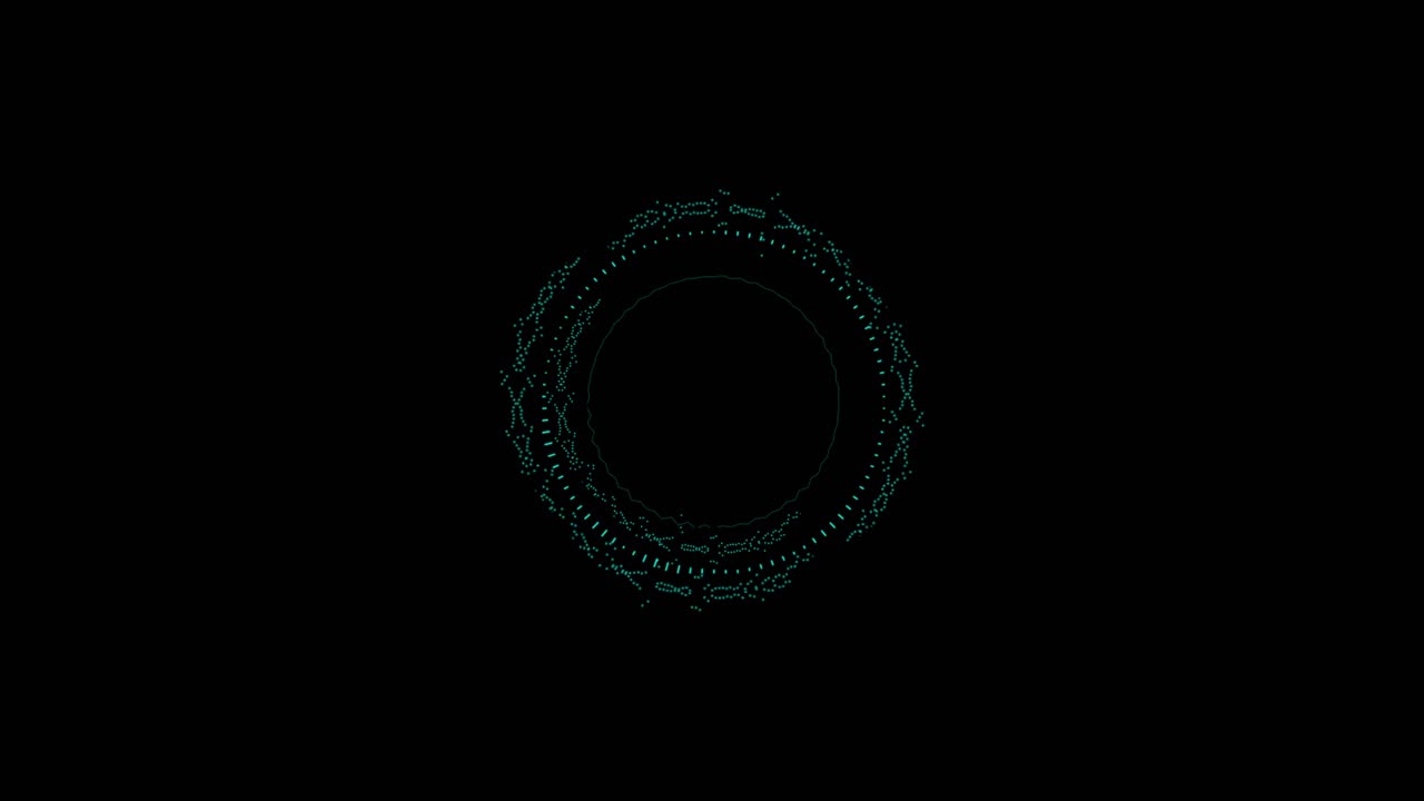Abstract blue circular form with pulsating lines and dots on a black background. Represents audio equalizer, sound wave, or futuristic interface. Seamless loop