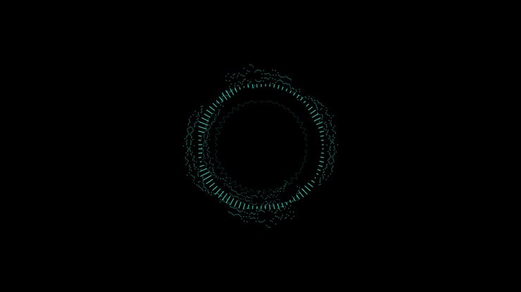 Abstract blue circular form with pulsating lines and dots on a black background. Represents audio equalizer, sound wave, or futuristic interface. Seamless loop