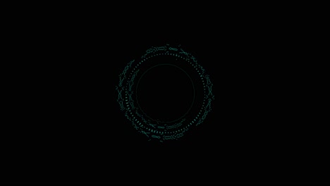 abstract blue circular form with pulsating lines and dots on a black background. represents audio equalizer, sound wave, or futuristic interface. seamless loop