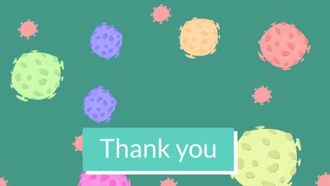 Composition-of-white-text-thank-you,-on-green-banner,-with-colourful-virus-cells-on-green-background