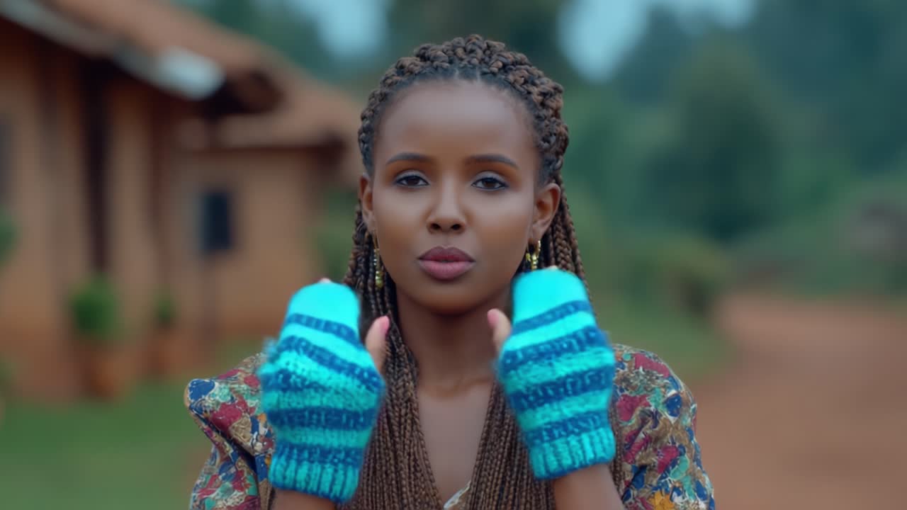 A Captivating Journey of Expression: A Young Woman Transitioning Through Emotions While Displaying Unique Handcrafted Gloves in Rural Surroundings