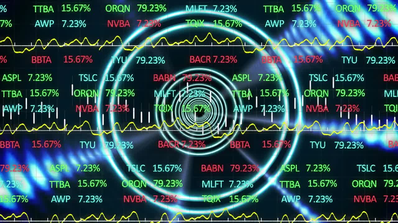 Animation of trading board and graphs over moving circular tunnel against black background