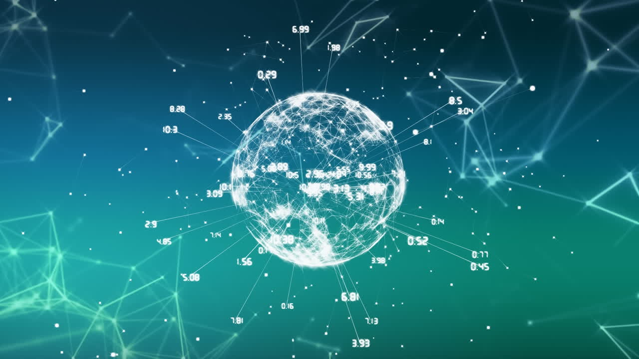 지구를 둘러싼 숫자와 연결된 점들이 그라디언트 배경 위에 모양을 형성하는 애니메이션