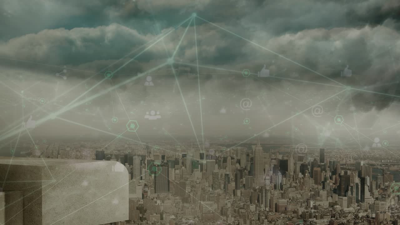 Network of connections and digital icons floating against aerial view of cityscape