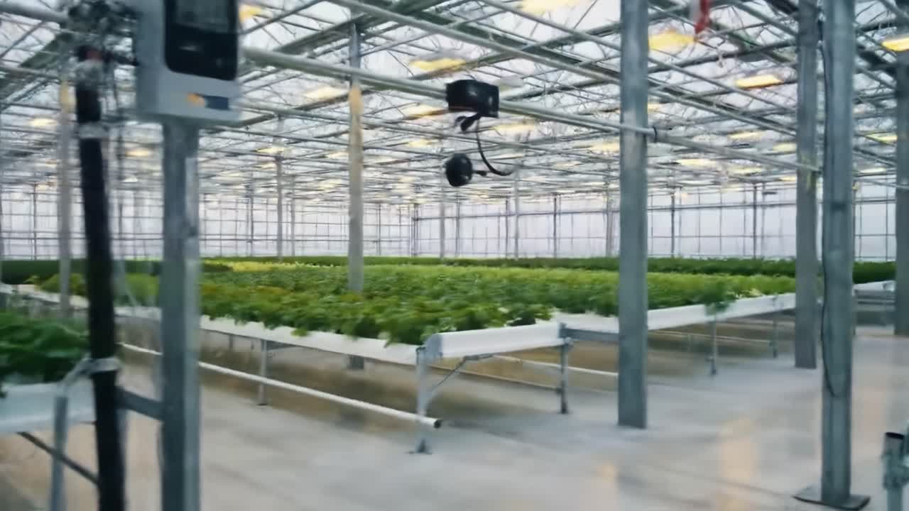 An Overview of a Modern Greenhouse Featuring Rows of Lush Green Plants in a Controlled Environment, Emphasizing Innovative Agricultural Techniques and Sustainability