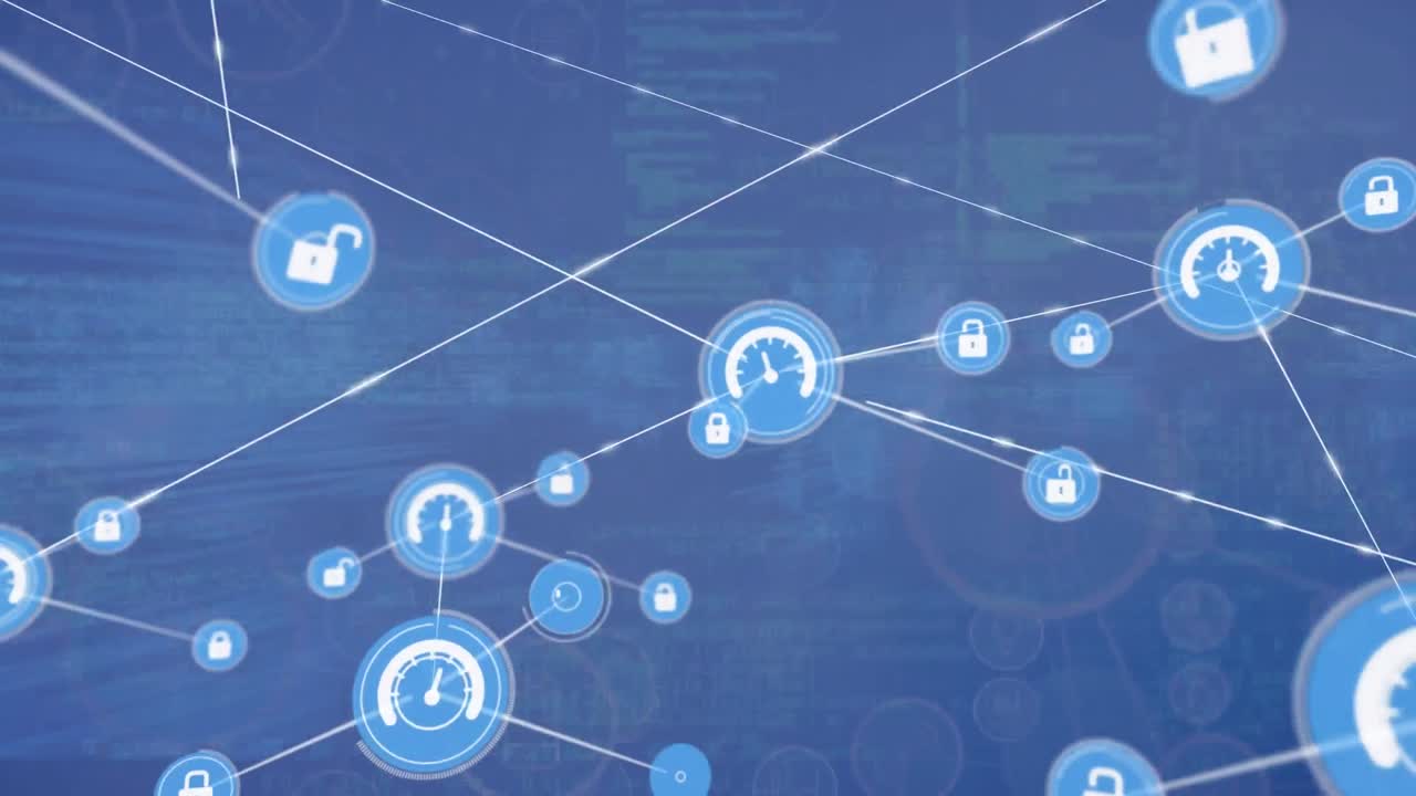 Animation of network of connections with digital icons and data processing on blue background