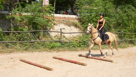 female rider on a white horse passes between ground bars followed by another rider on a brown one