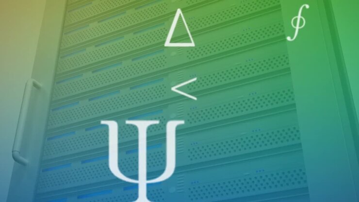 Simboli matematici in movimento su sfondo di un server di computer