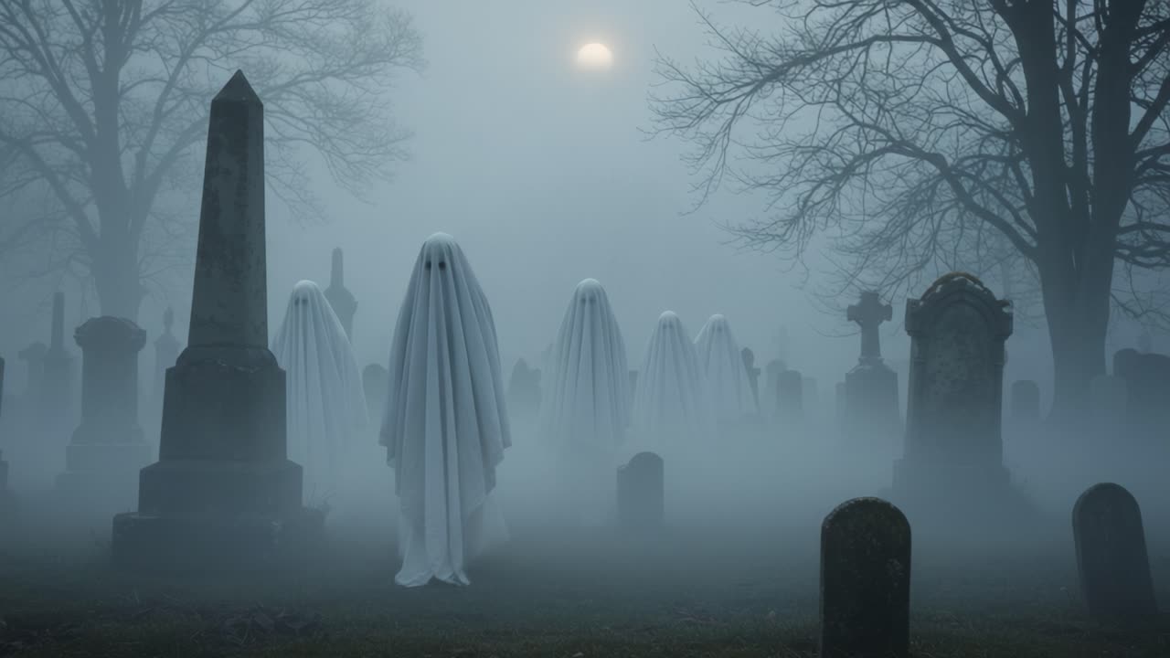 A Haunting Gathering: Spectral Figures Mysteriously Emerge From the Mist in a Moonlit Graveyard, Creating an Atmosphere of Eerie Intrigue and Fear