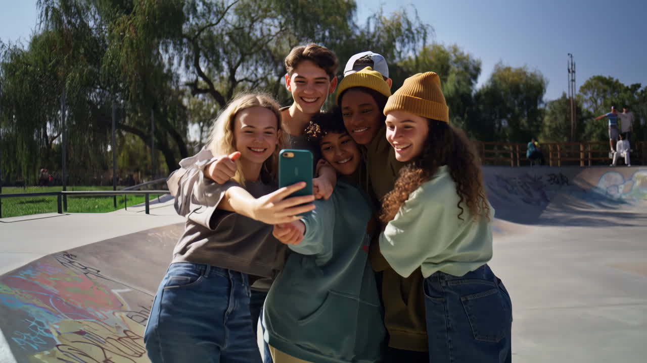 Group of diverse teenagers taking a selfie at a vibrant skatepark