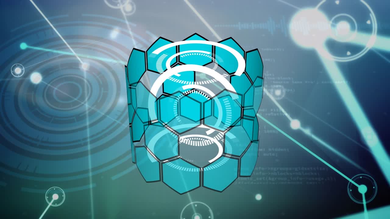 Animation of hexagons over network of connections on blue background