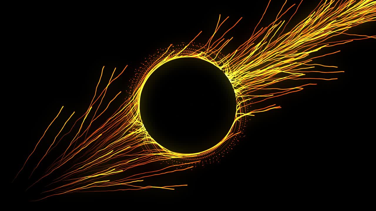 황금 입자는 검은색 배경에 추상적인 원 반지를 빛니다.
