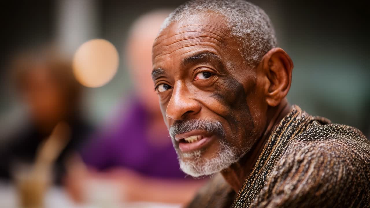 Capturing a Moment of Reflection: An Elderly Man with Graceful Expressions Engaged in Conversation, Showcasing Wisdom and Experience in a Warm Social Setting
