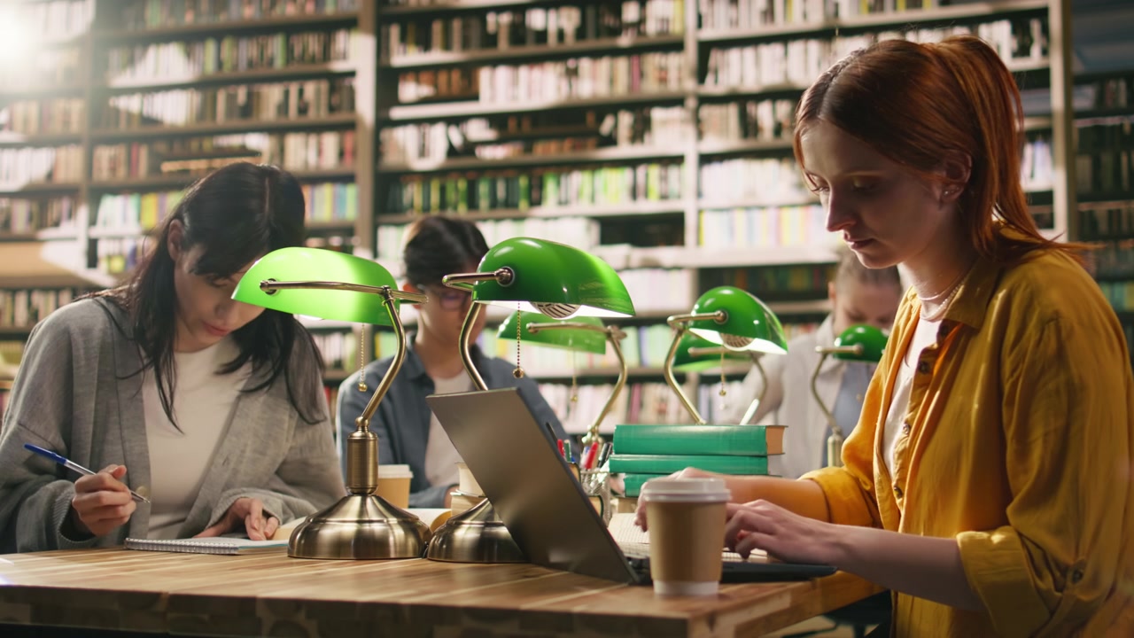 Studentessa dai capelli rossi che beve caffè mentre usa il portatile alla scrivania della biblioteca.