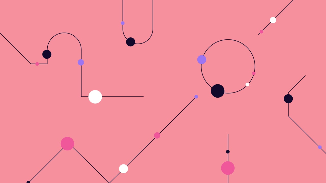 Abstracte geometrische animatie met bewegende cirkels en lijnen op roze achtergrond