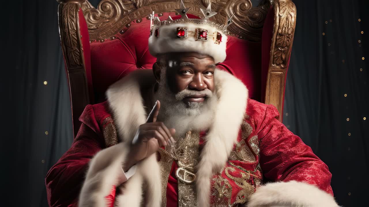 Majestic king with a long white beard and wearing an elaborate gold crown and red velvet robe with white fur trim sits on a golden throne, exuding power and authority
