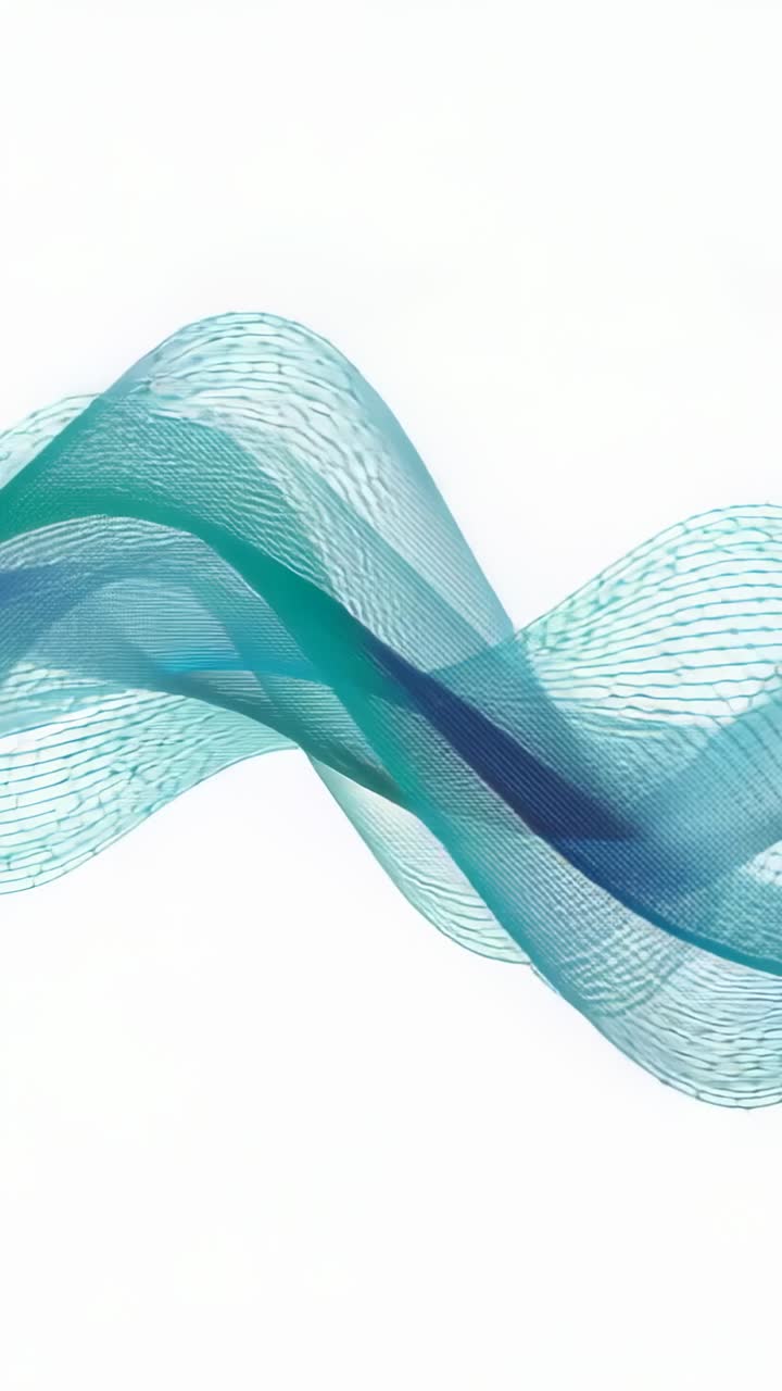 Vertical video: Playback starting, teal-blue ribbon swaying across white backdrop with dotted mesh