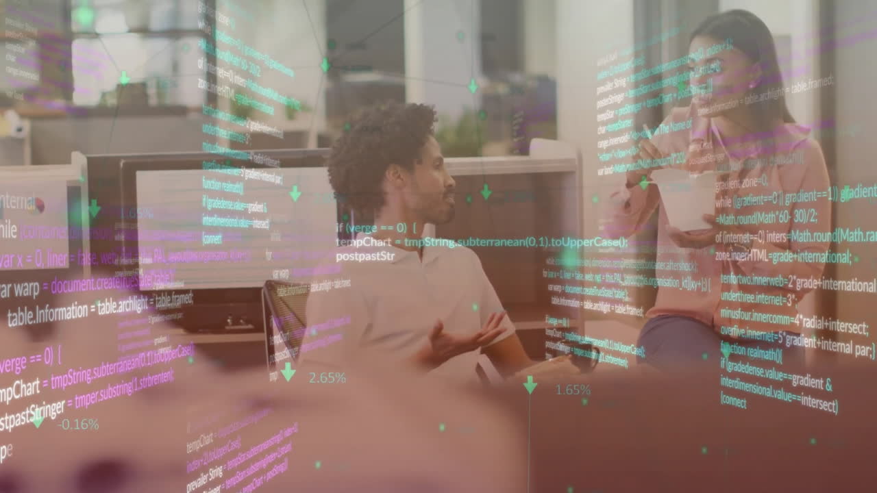 Animation of computer language over diverse coworkers discussing while eating food on desk