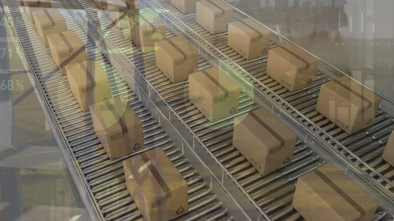 컨베이어 벨트에 있는 카드보드 상자 위에서 통계 처리의 애니메이션