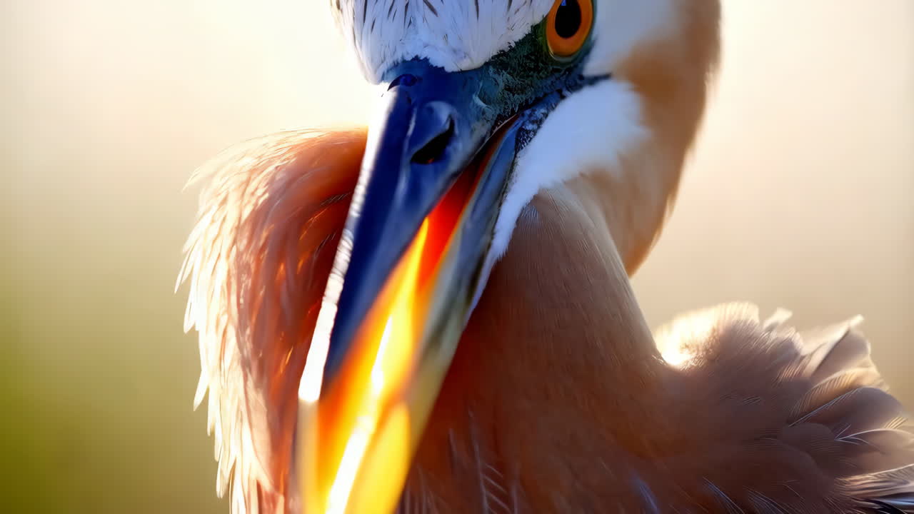 Primo piano delle piume e del becco aperto di un uccello nella luce dorata