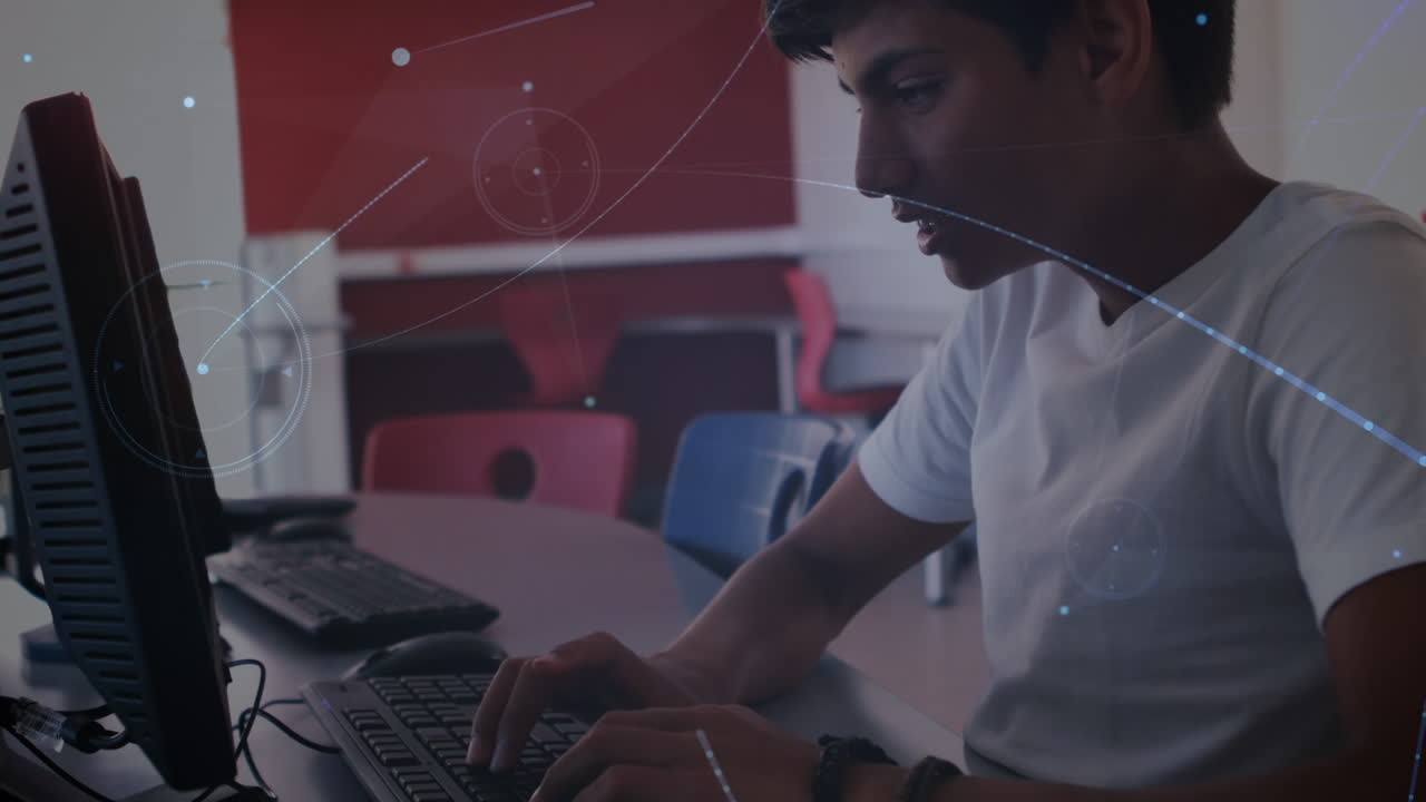 animación de la red de conexiones sobre el estudiante masculino biracial usando computadora en el aula