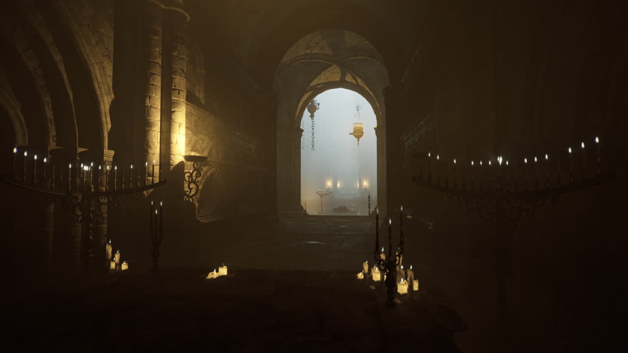 Mysterious dimly lit cavern with candles and a flickering ambiance at twilight