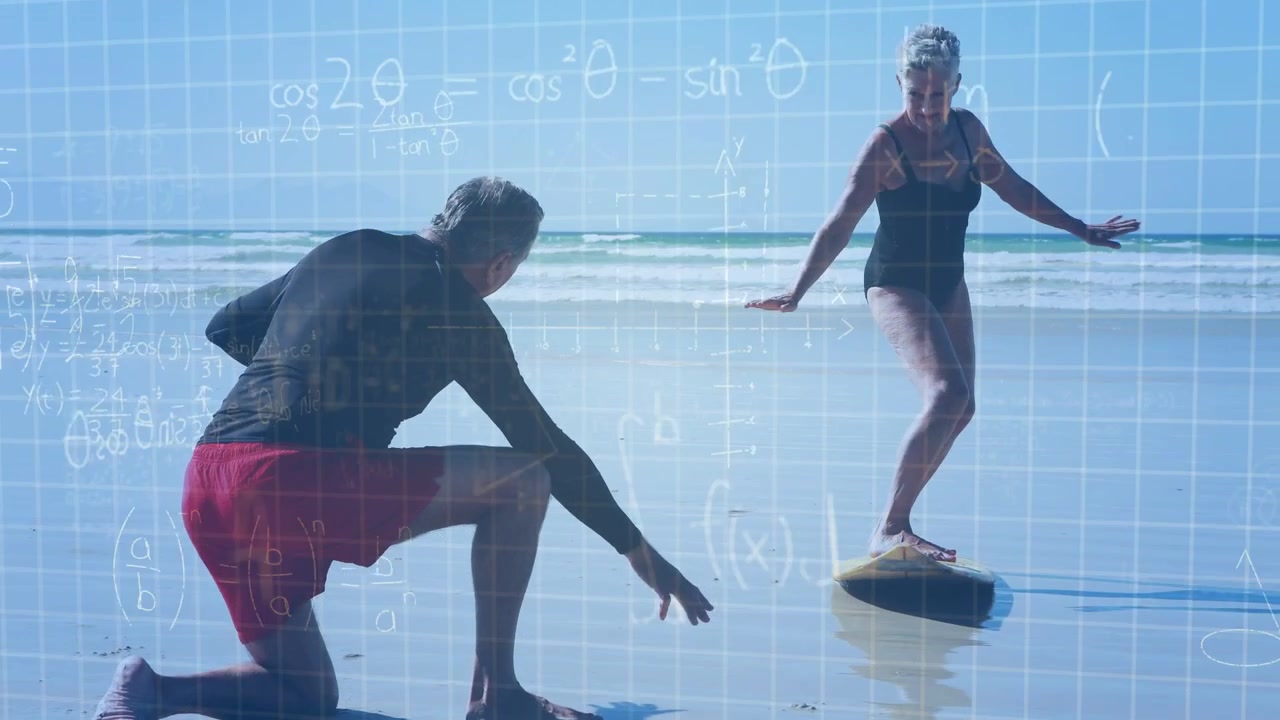 Seniors placing foot on board, man kneeling steadying, training for fitness with blue-grid overlay