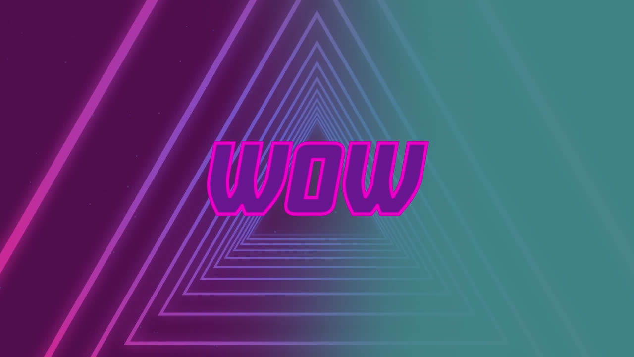 Animation of wow pink text over tunnel of glowing triangles