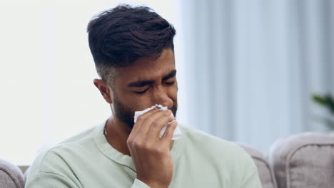 tissue, sneeze and indian man blowing nose