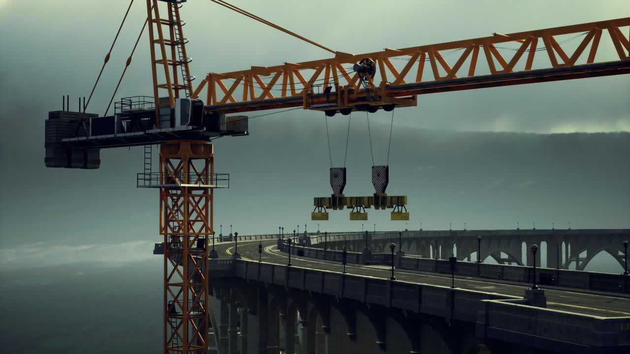 Construction crane lifts materials over a coastal bridge under dramatic sky