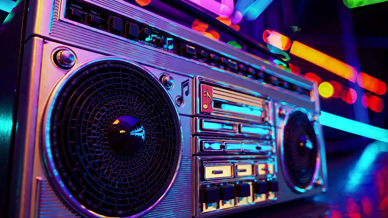 Radio boombox vintage con vivaci luci al neon