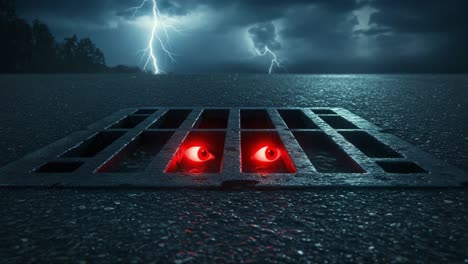 a dark and ominous stormy night: a manhole with red glowing eyes peering from beneath, set against an eerie backdrop of lightning and rain
