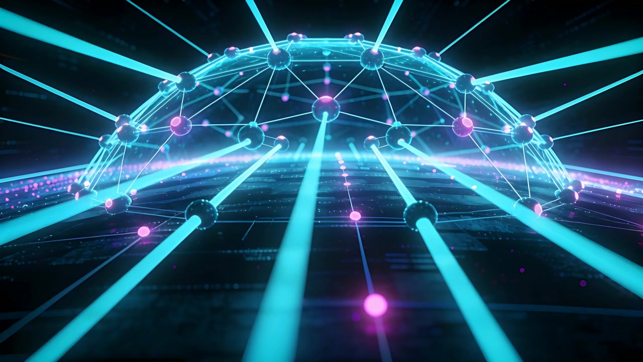 Sequencing network dome sending cyan beams to you on dark grid pulsing magenta nodes for depth