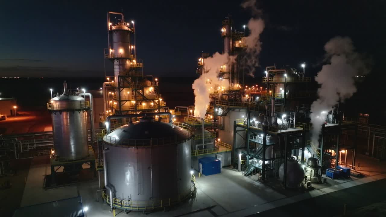 Mostrando una planta industrial emitiendo columnas de vapor mientras las operaciones se intensifican por la noche, con tanques y torres.