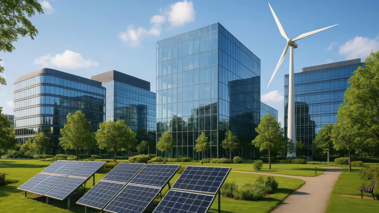 Aerial video captures modern eco-friendly office buildings with solar panels and a wind turbine